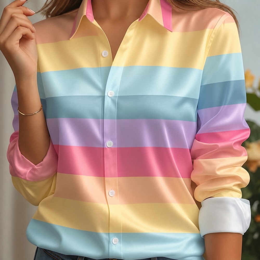 Women Fashion Wear - Camisa Feminina de Cetim com Gola