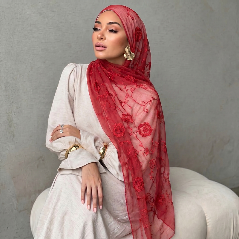 Women Fashion Wear - Lenço Hijab Muçulmano com Bordado Floral,